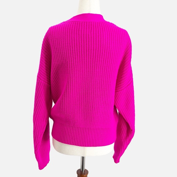 Maeve Anthropologie Sunny Cropped Cardigan Bright Pink Chunky Rib Knit Medium - Picture 4 of 8